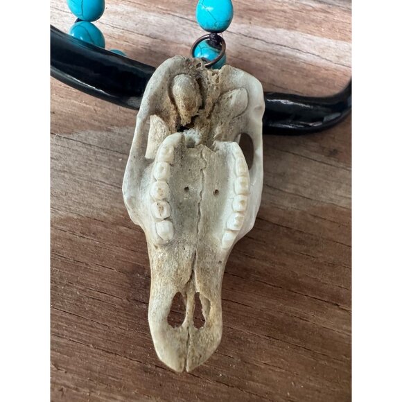 Turquoise Bead Necklace With Carved Bone Bull Skull Pendant & Brown Leather Cord - Picture 5 of 7